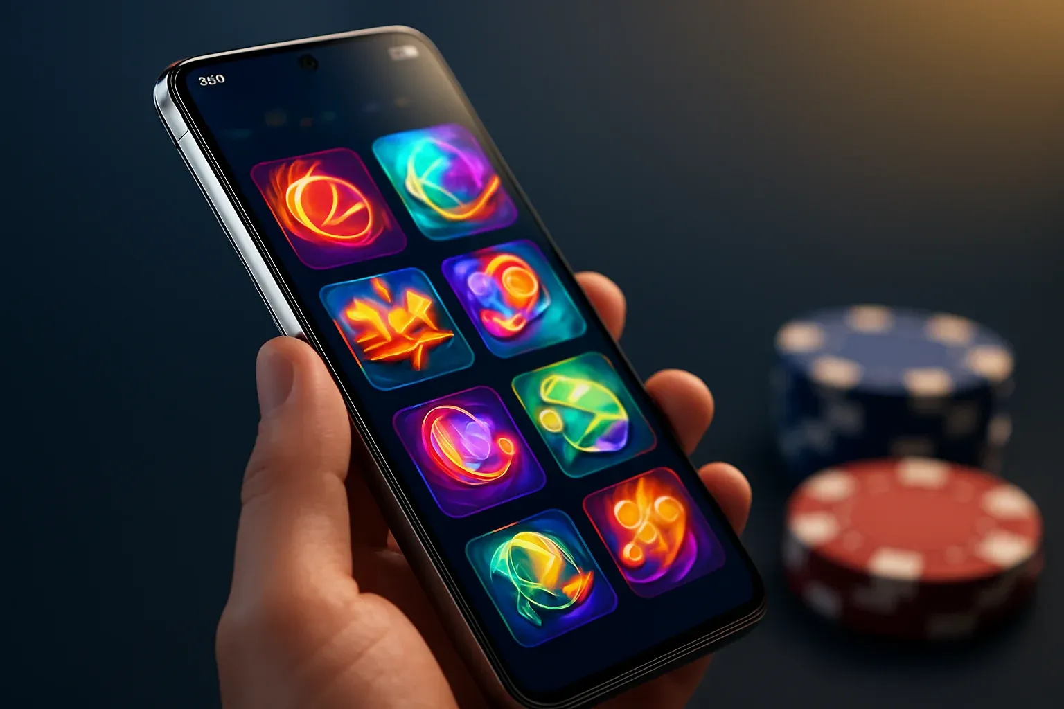 Flagship Android smartphone displaying vivid casino app interface with blurred chips