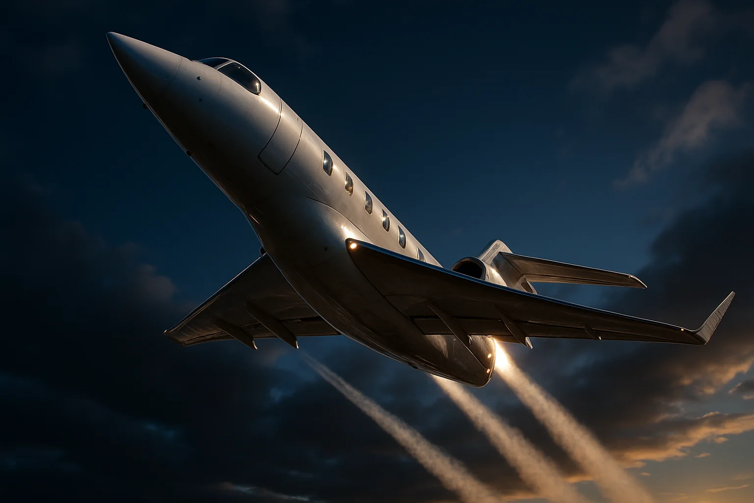 Hyperrealistic white jet aircraft climbing steeply in dramatic blue sky
