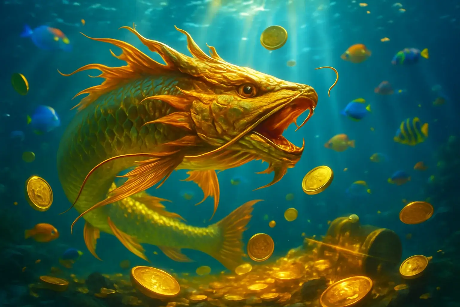 Golden dragon fish underwater with treasure coins and tropical fish