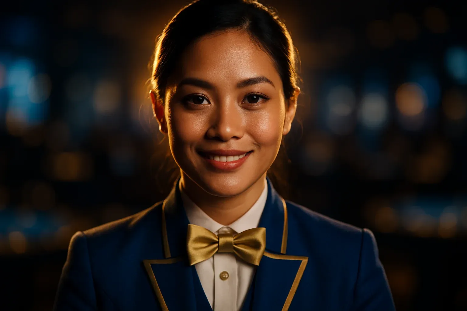 Hyperrealistic close-up portrait of glamorous Filipino casino dealer smiling confidently