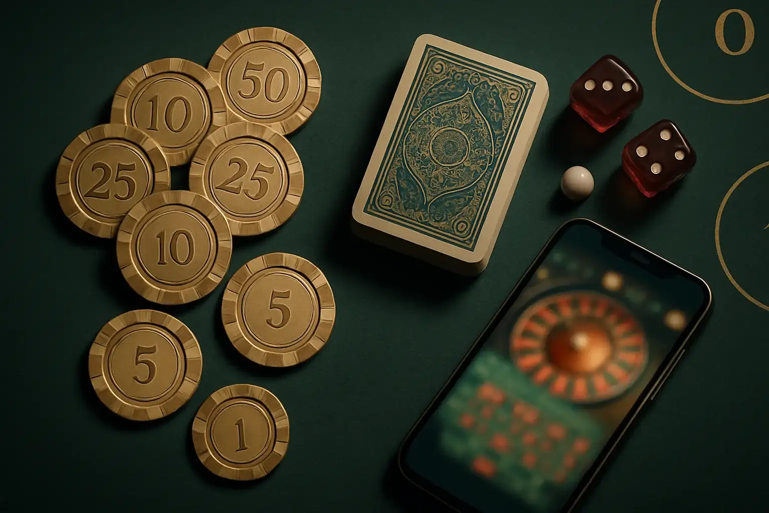 Top-down premium casino table with chips, cards, dice, roulette ball, smartphone