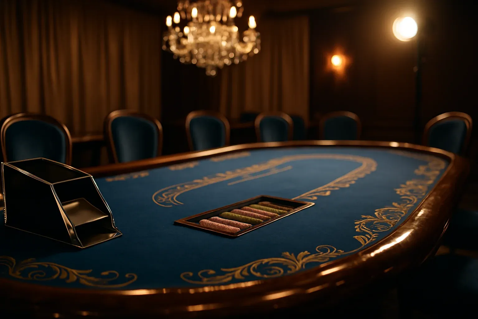 Hyperrealistic premium live baccarat studio in the Philippines with blue felt table