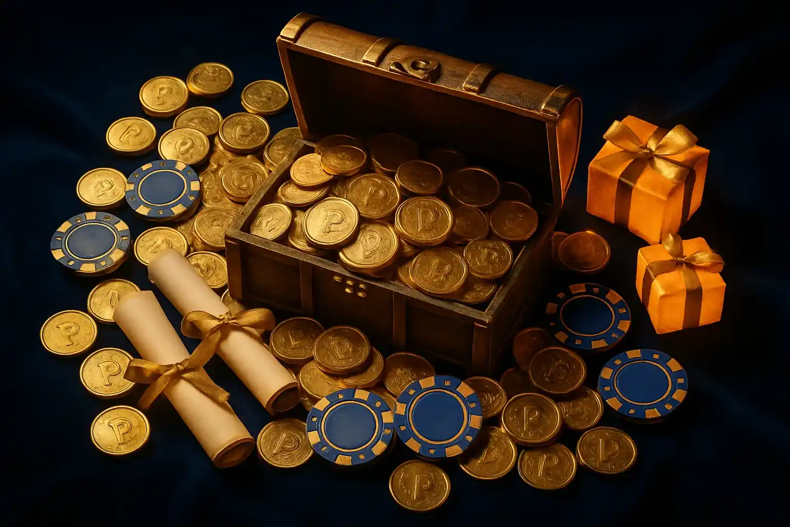 Overflowing treasure chest with gold coins, casino chips, vouchers, and gift boxes