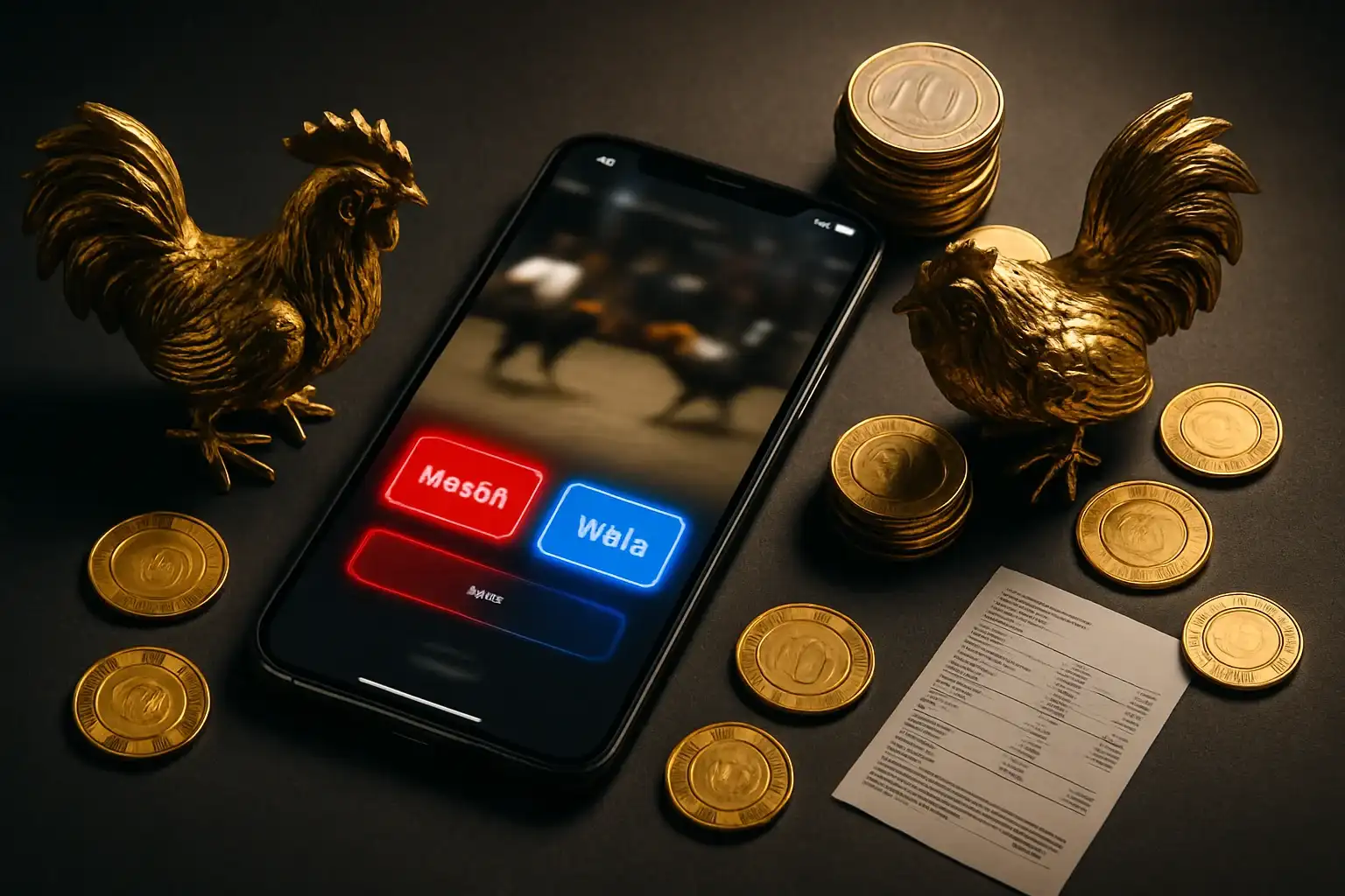 Smartphone with sabong betting interface, golden roosters, coins, and chips