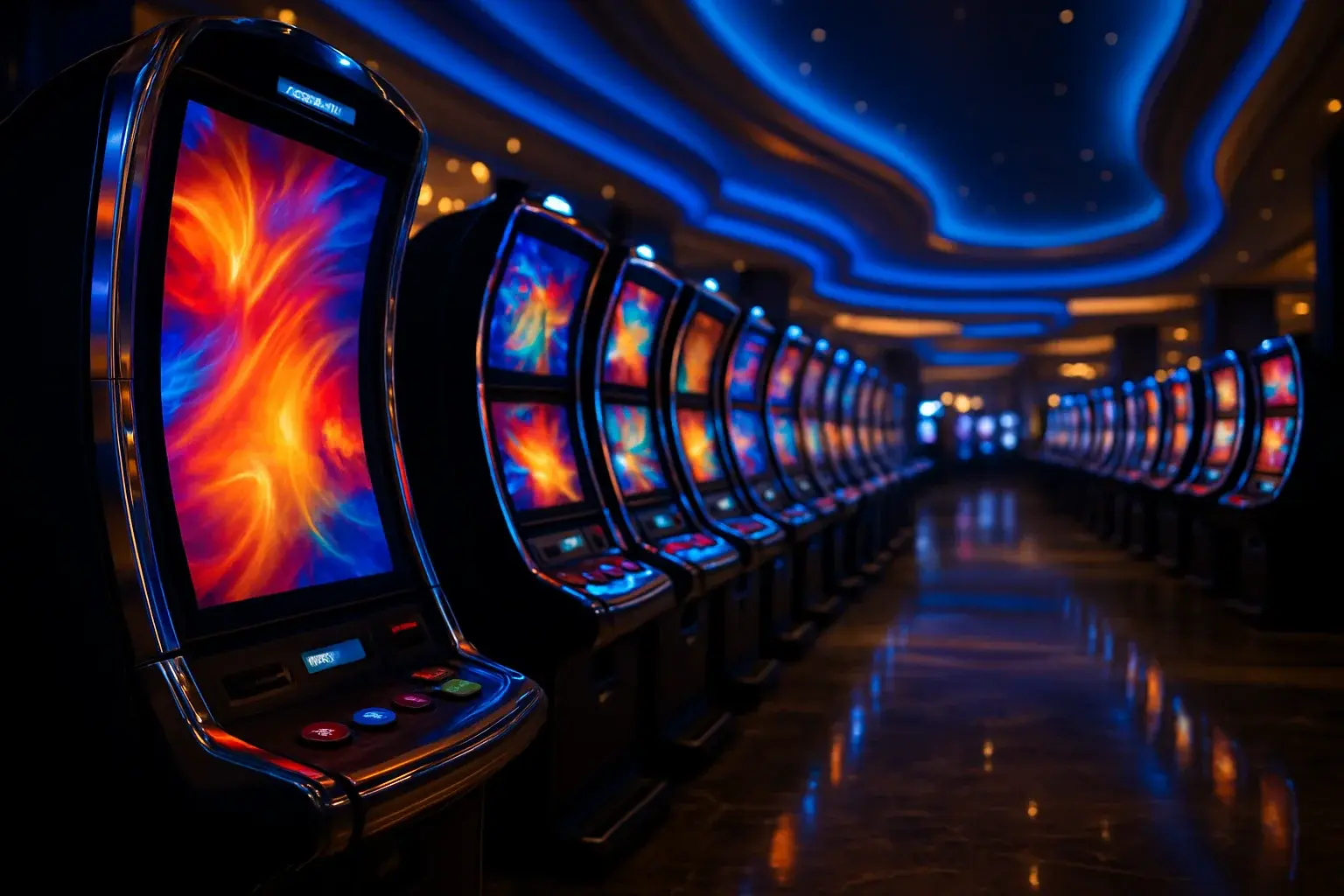 Premium Philippine casino slots floor at night with blue gold lighting